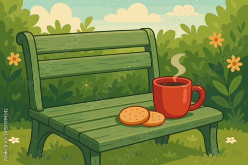 Cozy morning coffee break outdoors. Red mug with steaming hot drink and biscuits on vintage green wooden bench in blooming garden. Relaxing cartoon vector illustration, peaceful nature scene
