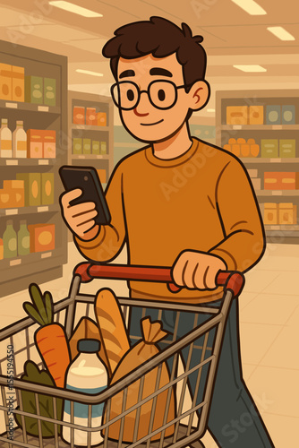 Young man shopping in supermarket with grocery cart, checking shopping list on smartphone, buying fresh vegetables, bread, milk, healthy food, modern lifestyle, vector cartoon illustration