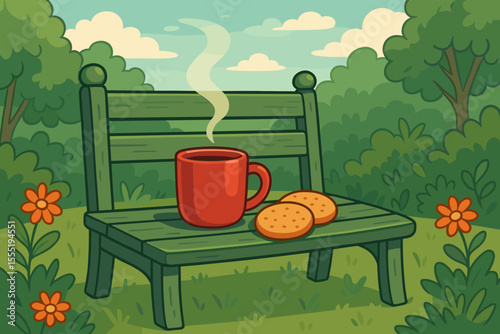 Cozy morning coffee break with steaming red mug and biscuits on vintage green wooden bench in blooming garden, cartoon vector illustration, outdoor relaxation, peaceful nature scene