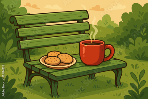 Cozy morning coffee break in garden. Red mug of hot drink and plate of cookies on vintage green wooden park bench. Peaceful outdoor relaxation scene. Cartoon vector illustration, no text.