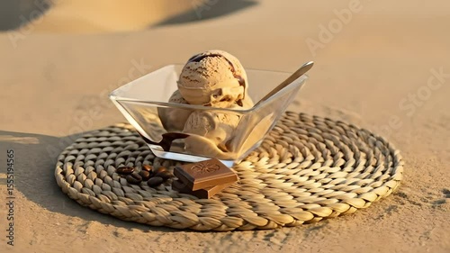 Coffee ice cream scoops with chocolate topping in desert setting.  Dessert promotion, cafe menu, summer refreshment, exotic snack, coffee break, food blog, advertisement and catering service.