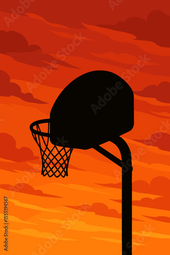 Basketball hoop silhouette at sunset, vibrant orange red sky, outdoor sports court, dramatic clouds, evening atmosphere, vector illustration, urban playground, recreational activity concept