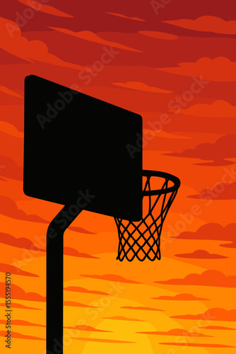 Basketball hoop silhouette at sunset, dramatic orange red sky, outdoor sports court, evening clouds, inspirational vector illustration, urban playground, peaceful dusk atmosphere, no text