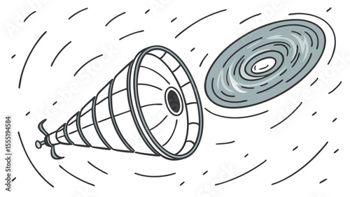 Cartoon depiction of a stylized telescope and a swirling galaxy.