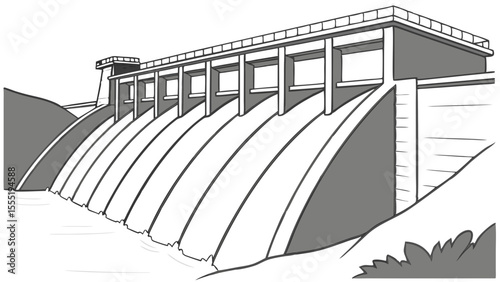 Black and White Illustration of a Hydroelectric Dam.