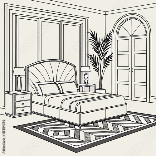 Stylish Art Deco Bedroom Interior Line Drawing