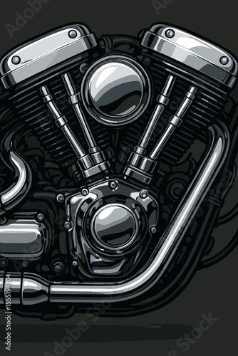 Shiny chrome motorcycle engine close-up. Detailed vector illustration of custom V-twin motor, mechanical parts, exhaust pipes, metallic components, power, speed, biker, automotive engineering art