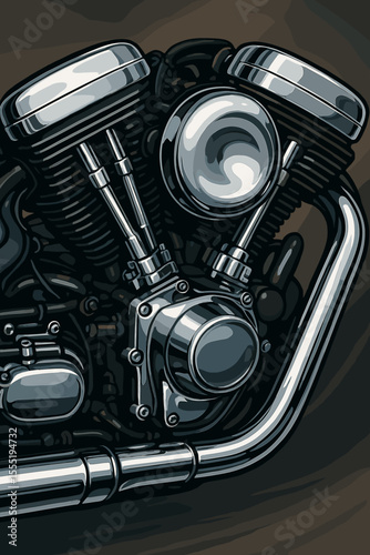 Shiny chrome motorcycle engine close-up vector illustration. Detailed V-twin motor, mechanical parts, exhaust pipes, classic bike power, automotive engineering, retro custom design concept art