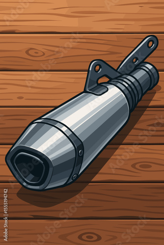 Modern motorcycle exhaust muffler close-up. Shiny chrome metal silencer on rustic wooden background. Vector cartoon illustration. Motorbike part, automotive detail, repair, customization concept.