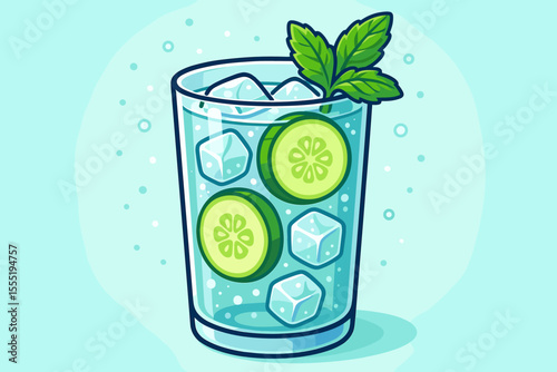 Refreshing glass of cold water with cucumber slices, fresh mint leaves, ice cubes. Summer detox drink, healthy beverage, hydration concept. Vector cartoon illustration, no text, blue background