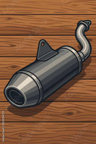 Modern motorcycle exhaust muffler close-up. Chrome metal silencer on rustic wooden surface. Vector cartoon illustration. Automotive part, bike accessory, mechanical engineering concept