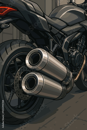 Modern sport motorcycle rear wheel and dual exhaust pipes close-up. Vector illustration of powerful bike design, shiny chrome mufflers, detailed mechanical parts, urban street style concept art
