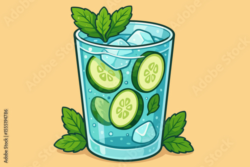 Refreshing cold water with cucumber slices, fresh mint leaves, ice cubes in glass. Summer detox drink, healthy beverage, hydration concept. Cartoon vector illustration, no text, isolated background