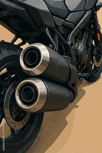 Modern motorcycle rear wheel and dual exhaust pipes close-up. Sleek black sport bike, detailed vector illustration. High-performance engine, mechanical parts, metallic design, no text.