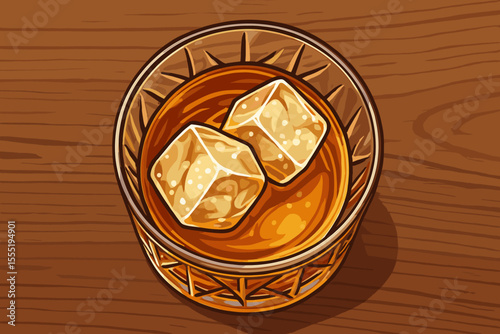 Whiskey on the Rocks in Crystal Glass Top View, Realistic Vector Illustration of Bourbon or Scotch with Ice Cubes on Wooden Table, Classic Alcoholic Drink Concept for Bar Menu and Beverage Design
