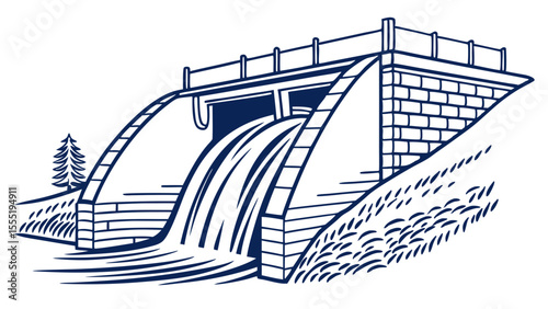 Detailed Line Art of a Water Dam with Waterfall.