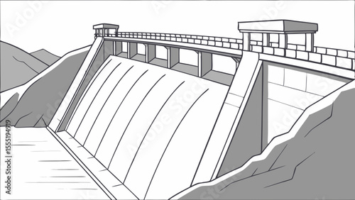 Detailed Line Drawing of a Mountain Dam.