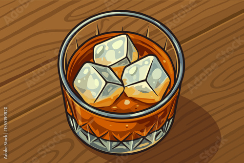 Whiskey on the Rocks in Crystal Glass, Top View. Realistic Vector Illustration of Bourbon or Scotch with Ice Cubes on Wooden Table. Classic Alcoholic Drink Concept, Bar, Cocktail, Beverage Scene