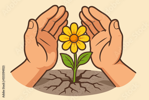 Resilient yellow flower blooming through cracked dry earth, protected by caring human hands. Concept of hope, environmental protection, growth, support, nature conservation, survival, nurturing.