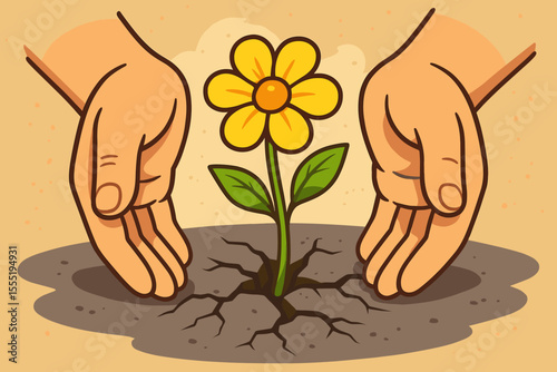 Resilient yellow flower sprouting from cracked pavement protected by caring hands, growth and hope concept, nature overcoming urban environment, vector cartoon illustration