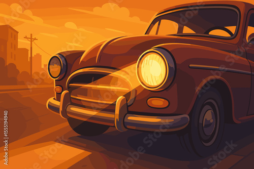 Vintage classic car with illuminated headlight on city street at sunset, golden hour lighting, retro automobile front view, nostalgic urban scene, vector cartoon illustration, transportation concept