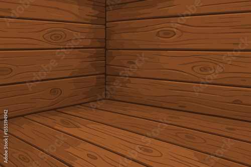 Rustic brown wooden wall and floor background. Natural wood grain texture with knots. Cartoon vector illustration. Empty interior room, timber planks, seamless pattern, blank backdrop design