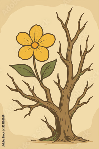 Vibrant yellow flower blooming on barren lifeless tree, hope and renewal concept, vintage soft color tone, vector cartoon illustration, nature resilience, contrast, growth, no text