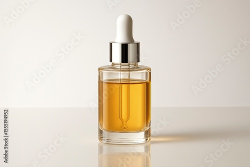 Close up of a clear bottle with golden liquid and dropper on white surface