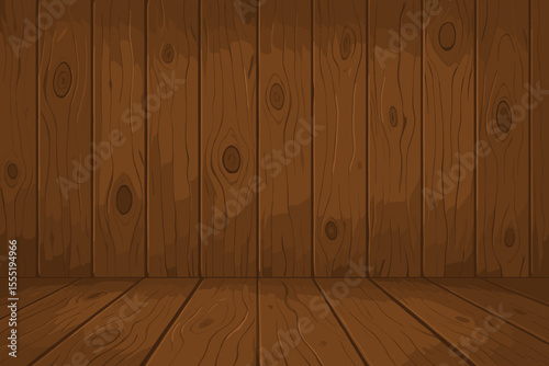 Rustic brown wooden wall and floor background with natural wood knots, grain texture, seamless planks, cartoon vector illustration, empty interior room, timber paneling, vintage backdrop