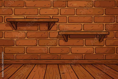 Rustic wooden floor and floating shelves on vintage brick wall, hand drawn cartoon vector interior background, cozy home decor, empty room template, textured wall illustration, no text design