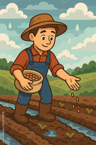 Farmer sowing seeds by hand in wet soil after rain, cartoon vector illustration. Agriculture, planting, spring farming, rural landscape, manual seeding, countryside, sustainable farming concept