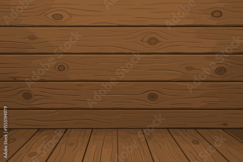 Rustic brown wooden wall and floor background with natural knots, grain texture, plank pattern, seamless vector cartoon illustration for interior design, backdrop, room, stage, or product display