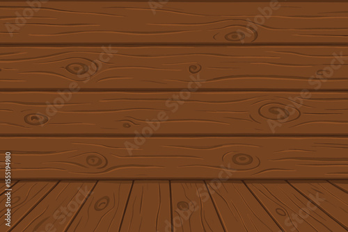 Rustic brown wooden wall and floor background, seamless vector cartoon illustration with natural wood grain texture, planks, knots, timber surface for interior design, backdrop, template