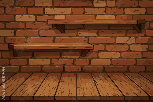 Rustic wooden floor and floating shelves against vintage red brick wall, interior background, empty room, cozy home decor, vector cartoon illustration, blank template, realistic wood texture