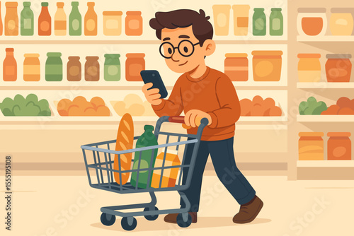 Young man grocery shopping in supermarket, checking digital shopping list on smartphone while pushing cart with bread and groceries, modern consumer, healthy lifestyle, vector illustration