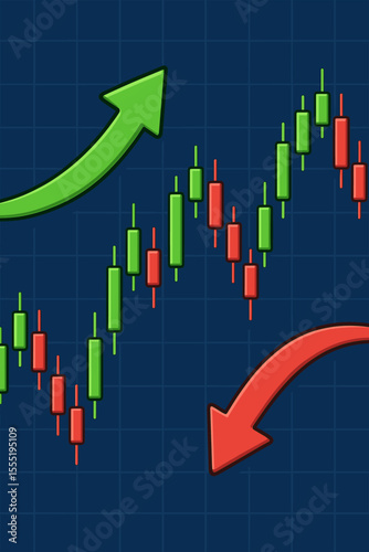 Stock market trading analysis vector illustration with candlestick chart, bullish uptrend, bearish downtrend, financial investment, price movement, green and red arrows, economic strategy