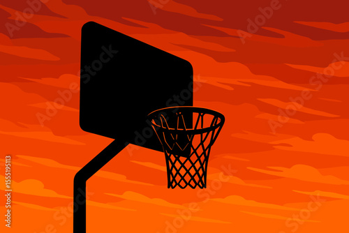 Basketball hoop silhouette at sunset. Outdoor sports court against vibrant orange red sky. Dramatic evening clouds. Urban street basketball concept. Vector illustration. No text design.