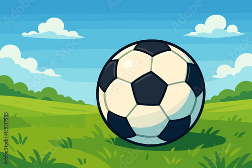 Classic black and white soccer ball on green grass field under blue sky with cartoon clouds, outdoor sports activity, playful landscape, vector illustration, youth recreation, summer fun