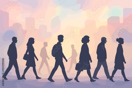 Urban crowd silhouettes walking on city street at sunrise. People commuting, morning rush hour, abstract pastel cityscape, business professionals, teamwork, diversity, urban lifestyle concept