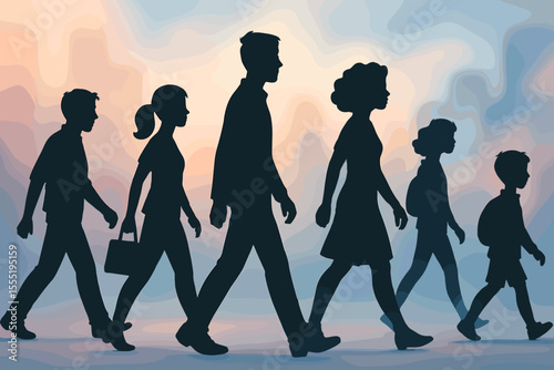 Urban city street silhouettes of diverse people walking, abstract pastel background. Vector illustration of crowd, pedestrians, commuters, family, teamwork, community, lifestyle, modern cityscape