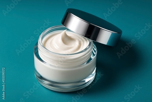 Close up of a jar of cream with a silver lid on a teal background