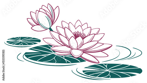 Elegant Water Lilies with Pads and Ripples Illustration.