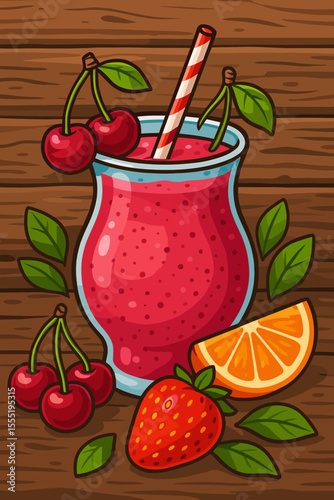 Colorful berry fruit smoothie with cherries, strawberries, orange slice, green leaves, striped straw in glass on rustic wooden background. Fresh summer drink cartoon vector illustration, no text