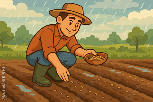 Farmer hand sowing seeds in wet soil after rainfall, rural agriculture, cartoon vector illustration, planting crops, spring farming, countryside landscape, sustainable food production