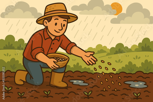 Farmer sowing seeds by hand into wet soil after rainfall, cartoon vector illustration. Agriculture, planting, rural landscape, rainy weather, spring farming, countryside, growth concept