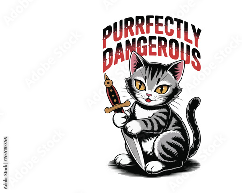 Vintage anime-style cat with a fierce smirk and dagger. A mix of cute and dangerous in tattoo-inspired vector art. Perfect for edgy t-shirt design.