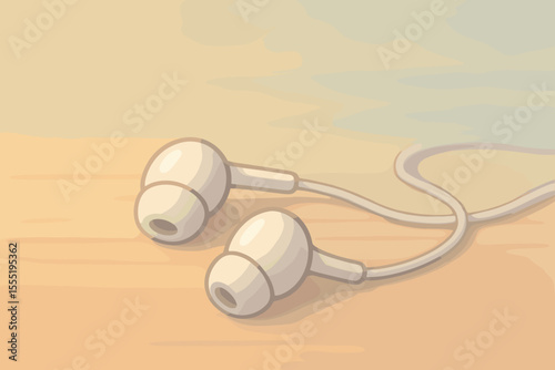 Soft Focus Cartoon Vector Earphones on Pastel Wooden Table, Relaxed Calm Background, Modern Music Listening, Wired In-Ear Headphones, Leisure Audio Technology, Minimalist Illustration