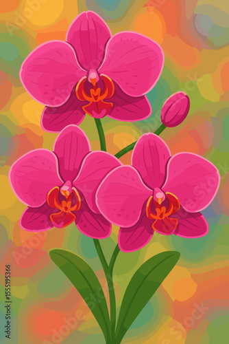 Lush Pink Orchid Flowers Vector Illustration. Exotic Tropical Blooms with Green Leaves on Vibrant Colorful Bokeh Background. Decorative Botanical Design. Nature Floral Concept. No Text.