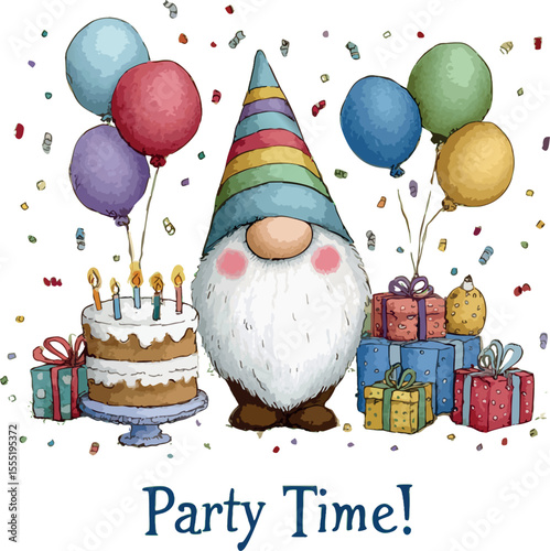 A cheerful gnome in a rainbow party hat celebrates a birthday surrounded by balloons, confetti, gifts, and a cake topped with candles under the words “Party Time!”