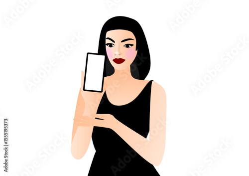 Woman showing smartphone with white screen, brunette business woman, template with phone
